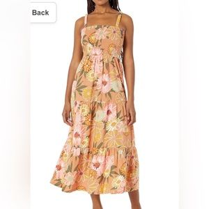 Roxy Sunnier Shores beige tan pink yellow green maxi dress. Size large